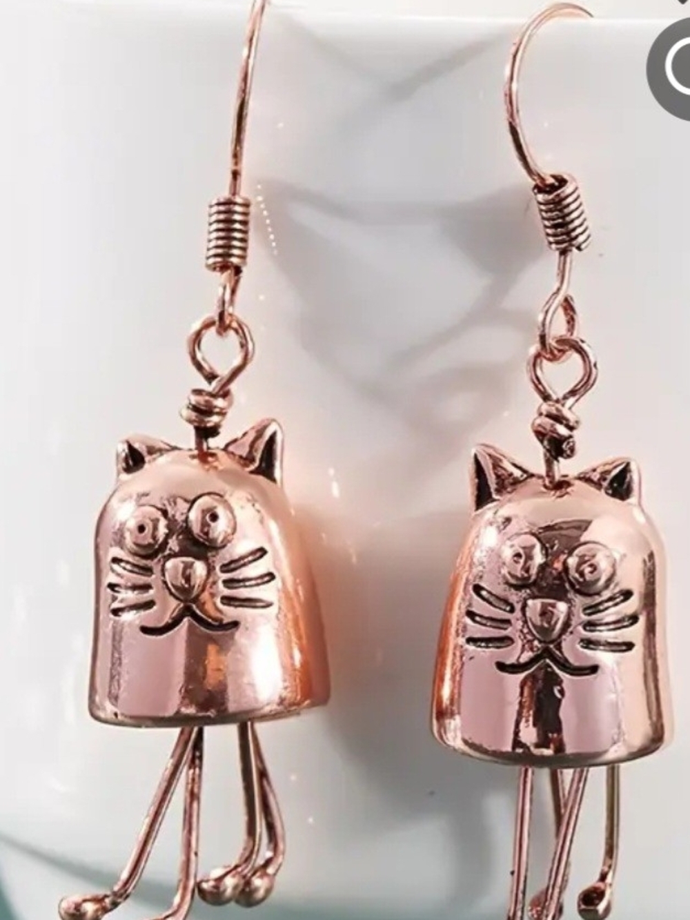 Rose Gold Color Cat Dangle Earrings - Cute Cat Charm Earrings